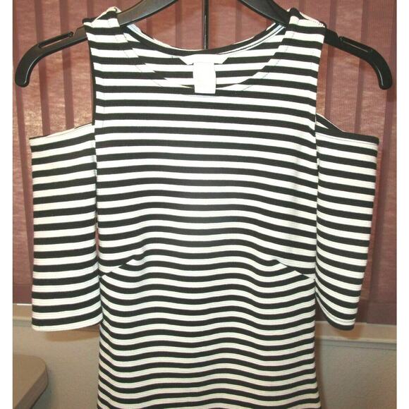 H&M Cold Shoulder Black White Stripes Fitted Bodycon Stretch Midi Dress XS Retro - Picture 3 of 7